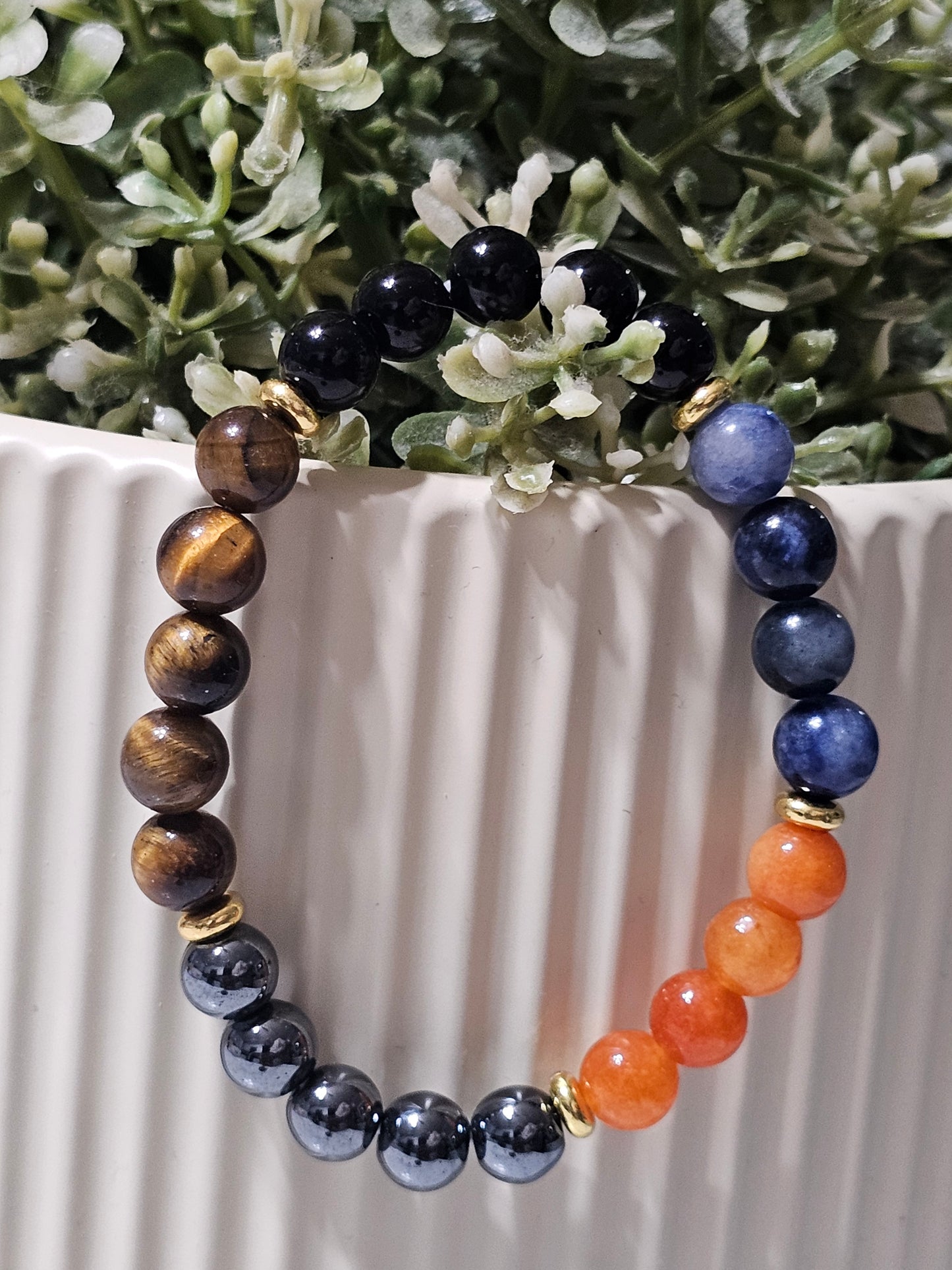 Natural Black Obsidian, Sodalite, Carnelian, Hematite & Tiger Eye Bracelet – Premium Multi Stone Bracelet for Strength, Focus & Balance