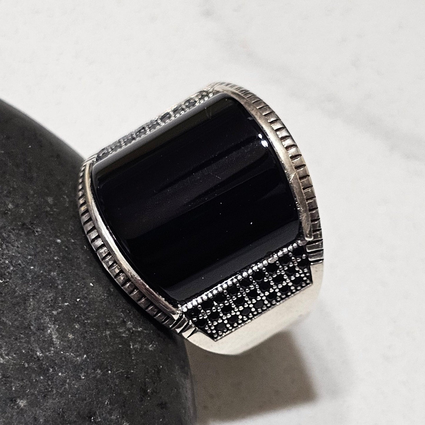 Black Onyx Stone Ring in Sterling Silver – Premium Statement Ring for Strength & Style