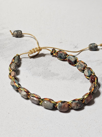 Premium Gray Agalmatolite & Blue Imperial Jasper Bracelet – Handwoven Adjustable Bracelet