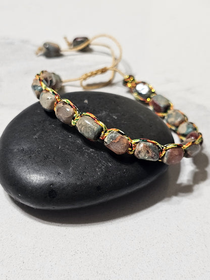 Premium Gray Agalmatolite & Blue Imperial Jasper Bracelet – Handwoven Adjustable Bracelet