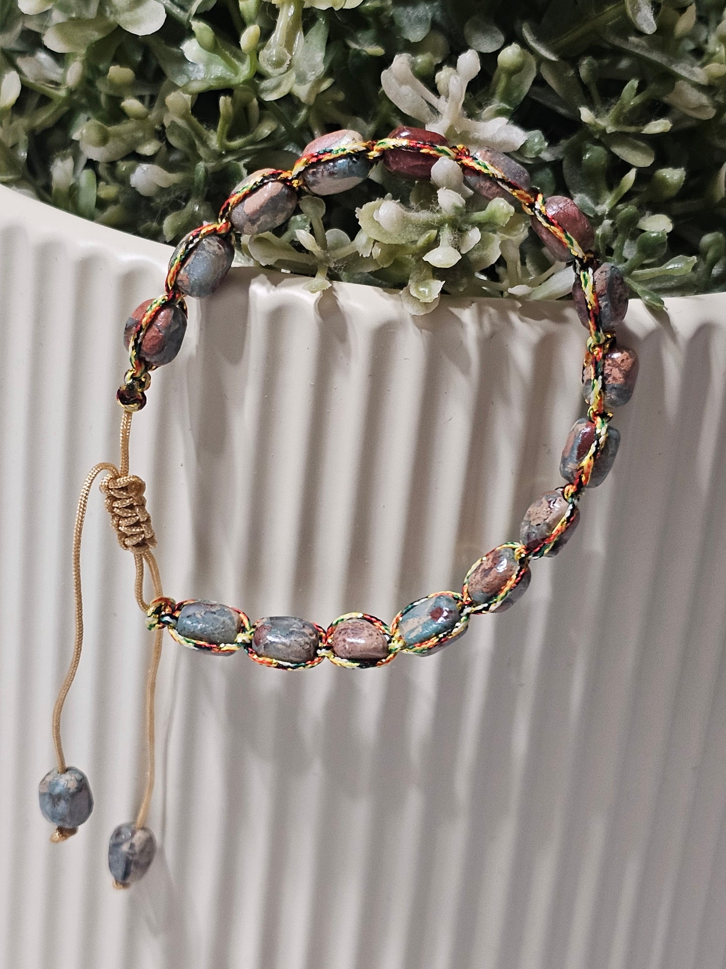 Premium Gray Agalmatolite & Blue Imperial Jasper Bracelet – Handwoven Adjustable Bracelet