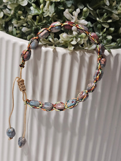 Premium Gray Agalmatolite & Blue Imperial Jasper Bracelet – Handwoven Adjustable Bracelet