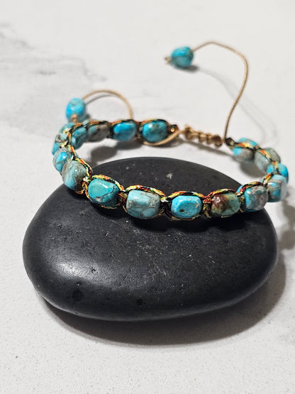 Premium Gray Agalmatolite & Blue Imperial Jasper Bracelet – Handwoven Adjustable Bracelet