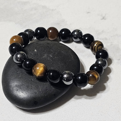 Natural Black Obsidian, Tiger Eye & Hematite Bracelet – Premium Protective Stone Bead Bracelet