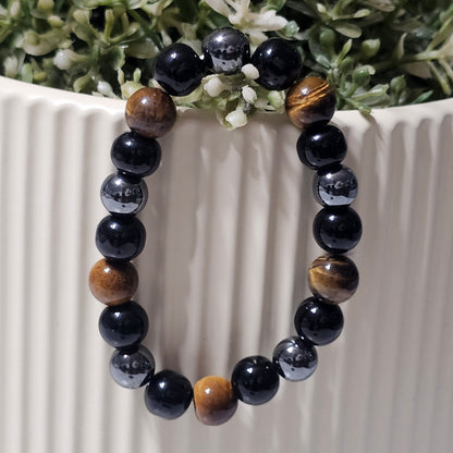 Natural Black Obsidian, Tiger Eye & Hematite Bracelet – Premium Protective Stone Bead Bracelet