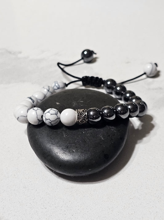 Natural White Howlite & Hematite (Hadid) Bracelet – Adjustable Islamic Stone Bracelet for Balance, Strength & Protection
