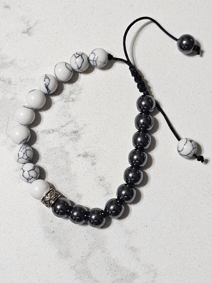 Natural White Howlite & Hematite (Hadid) Bracelet – Adjustable Islamic Stone Bracelet for Balance, Strength & Protection
