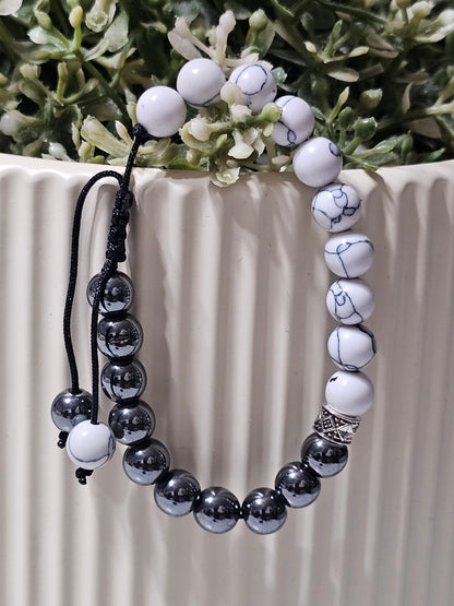 Natural White Howlite & Hematite (Hadid) Bracelet – Adjustable Islamic Stone Bracelet for Balance, Strength & Protection