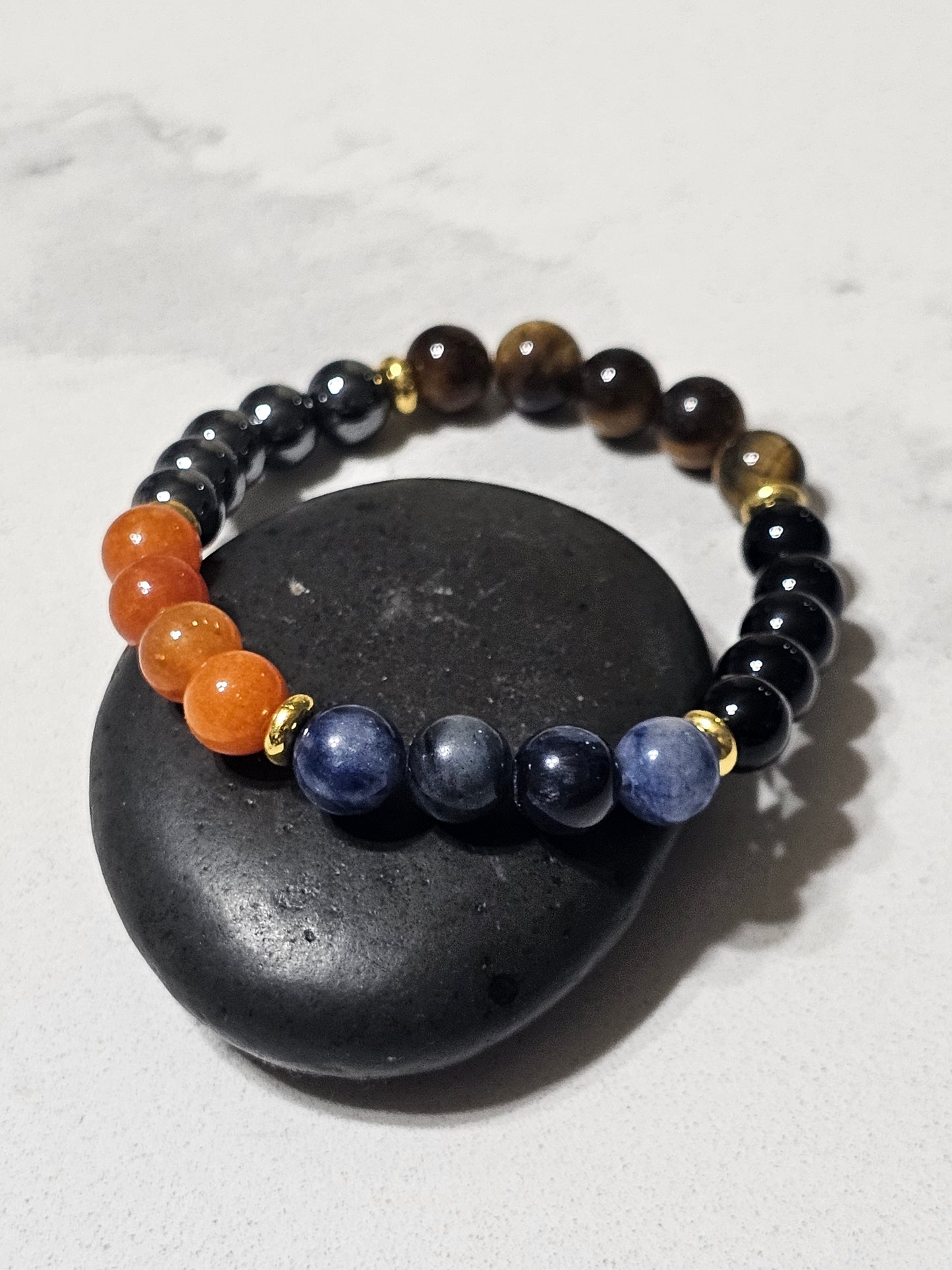 Natural Black Obsidian, Sodalite, Carnelian, Hematite & Tiger Eye Bracelet – Premium Multi Stone Bracelet for Strength, Focus & Balance