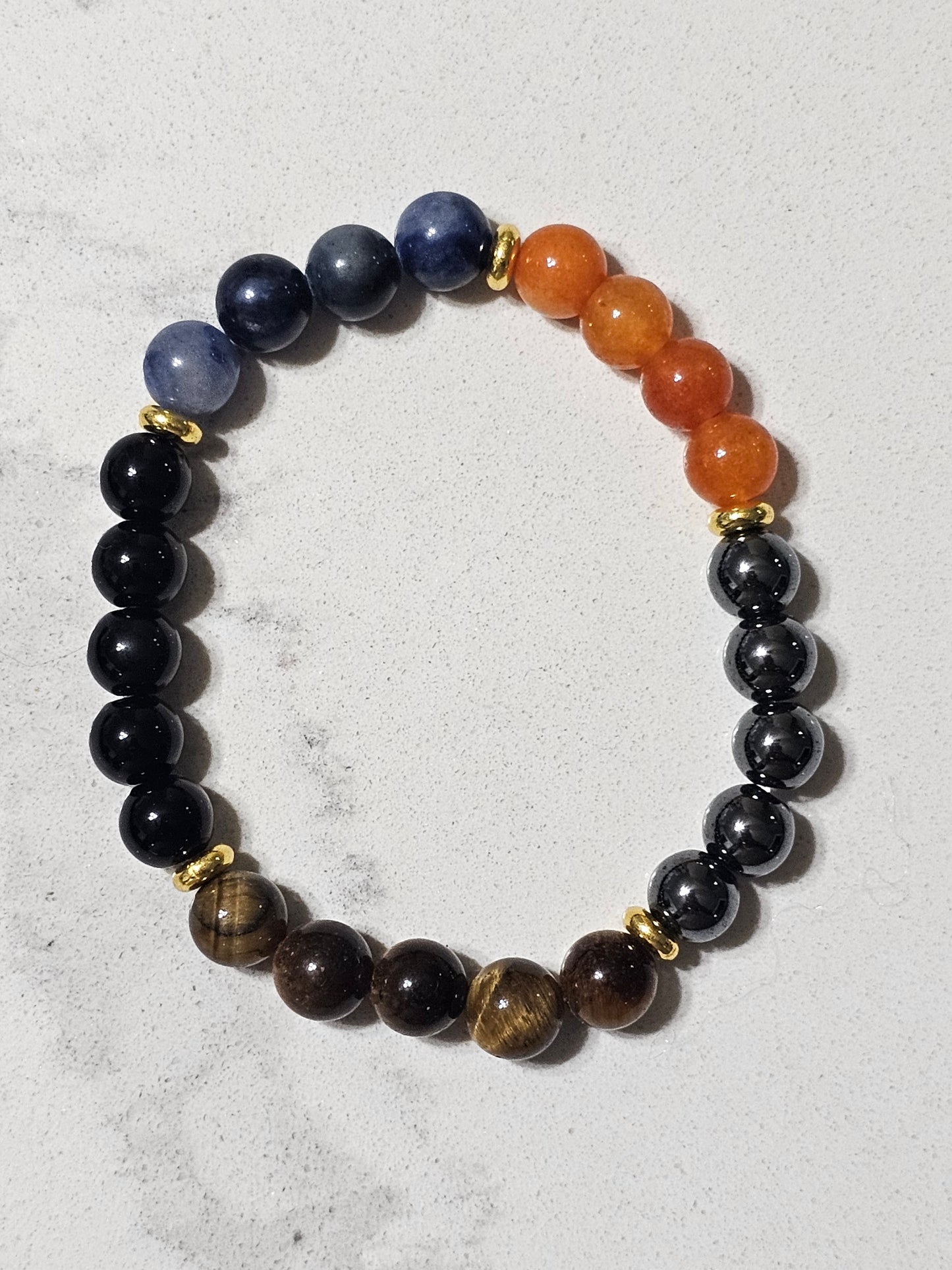 Natural Black Obsidian, Sodalite, Carnelian, Hematite & Tiger Eye Bracelet – Premium Multi Stone Bracelet for Strength, Focus & Balance
