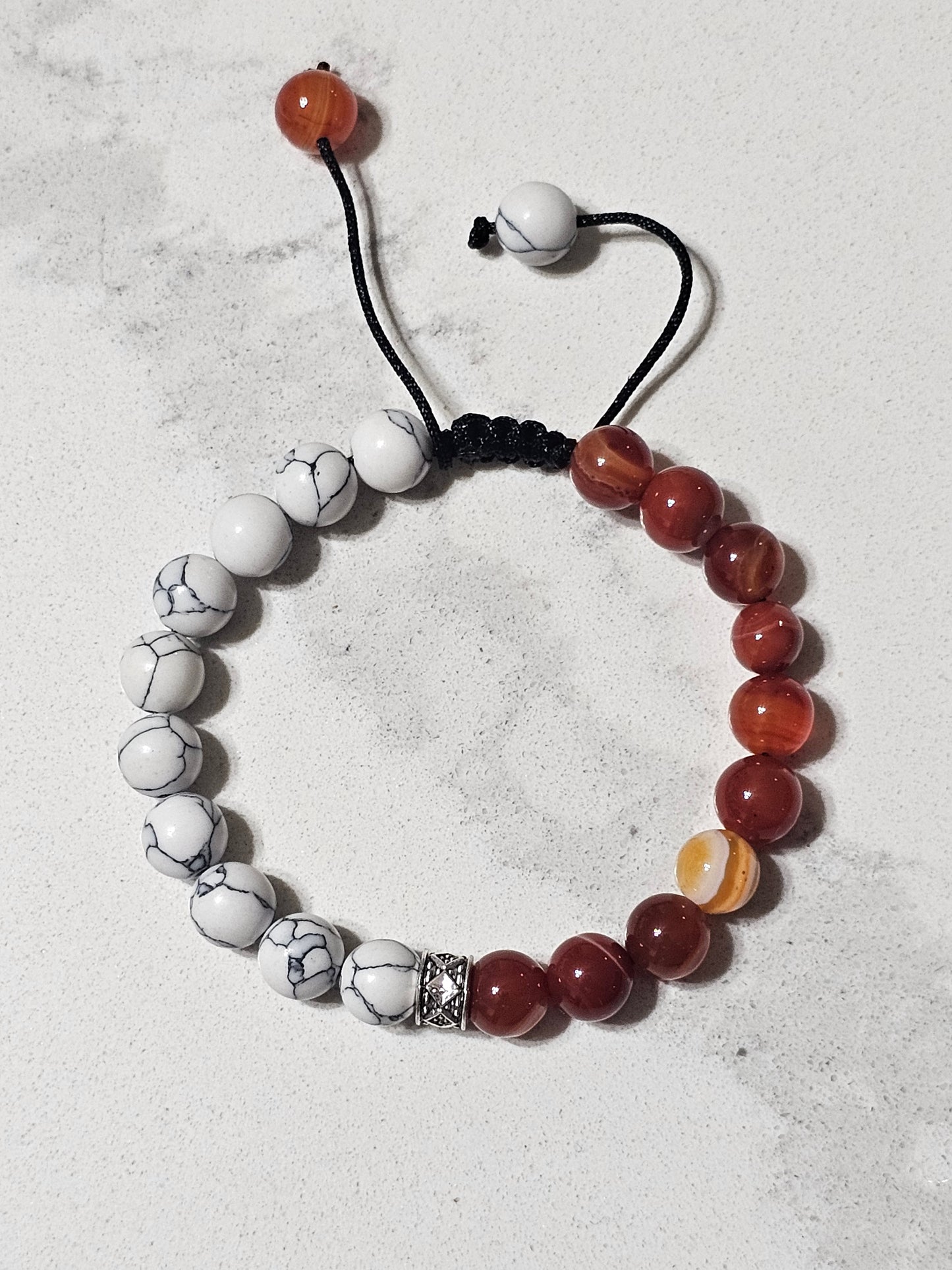 Natural Howlite & Red Carnelian (Aqeeq) Bracelet – Adjustable Stone Bracelet for Balance, Strength & Timeless Style