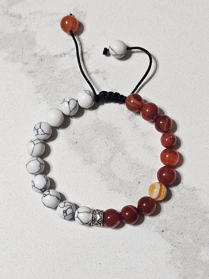 Natural Howlite & Red Carnelian (Aqeeq) Bracelet – Adjustable Stone Bracelet for Balance, Strength & Timeless Style