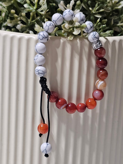 Natural Howlite & Red Carnelian (Aqeeq) Bracelet – Adjustable Stone Bracelet for Balance, Strength & Timeless Style