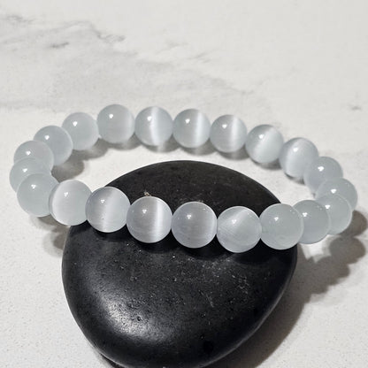 Cat Eye Stone Bracelet – Natural Bead Bracelet in White & Blue for Protection, Focus & Everyday Style