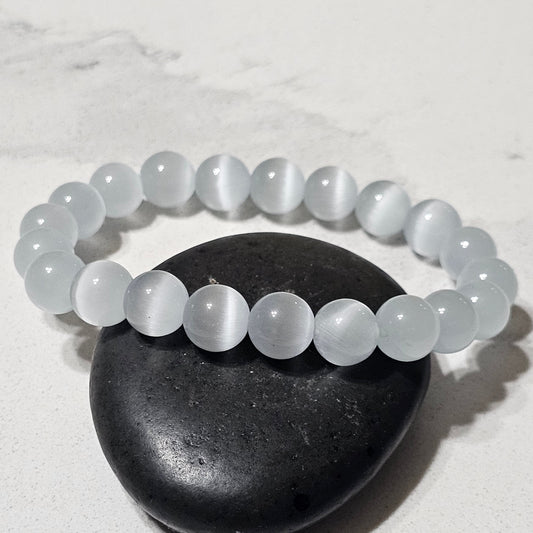 Cat Eye Stone Bracelet – Natural Bead Bracelet in White & Blue for Protection, Focus & Everyday Style