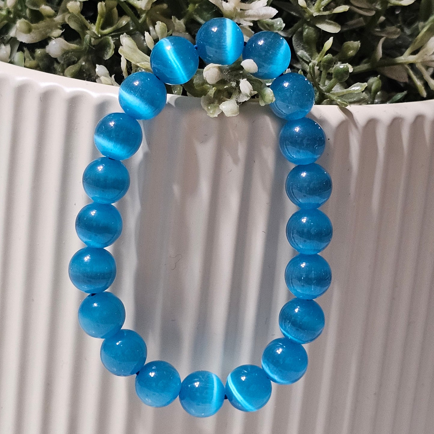 Cat Eye Stone Bracelet – Natural Bead Bracelet in White & Blue for Protection, Focus & Everyday Style
