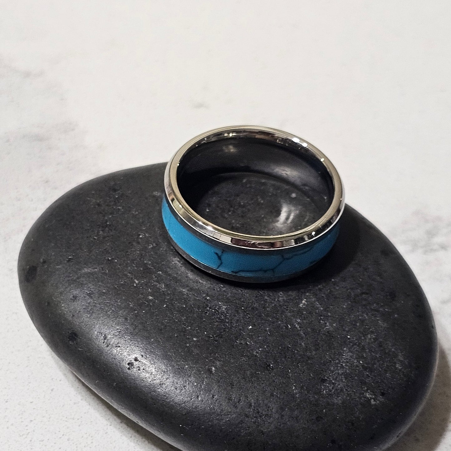 Tungsten & Natural Turquoise Stone Band Ring – Unisex Contemporary Style for Men & Women