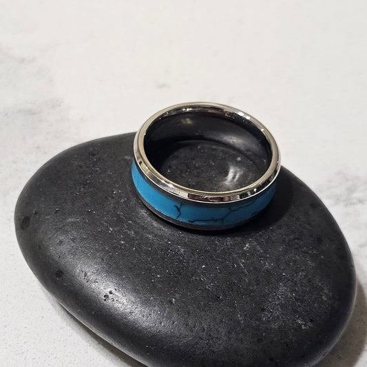 Tungsten & Natural Turquoise Stone Band Ring – Unisex Contemporary Style for Men & Women