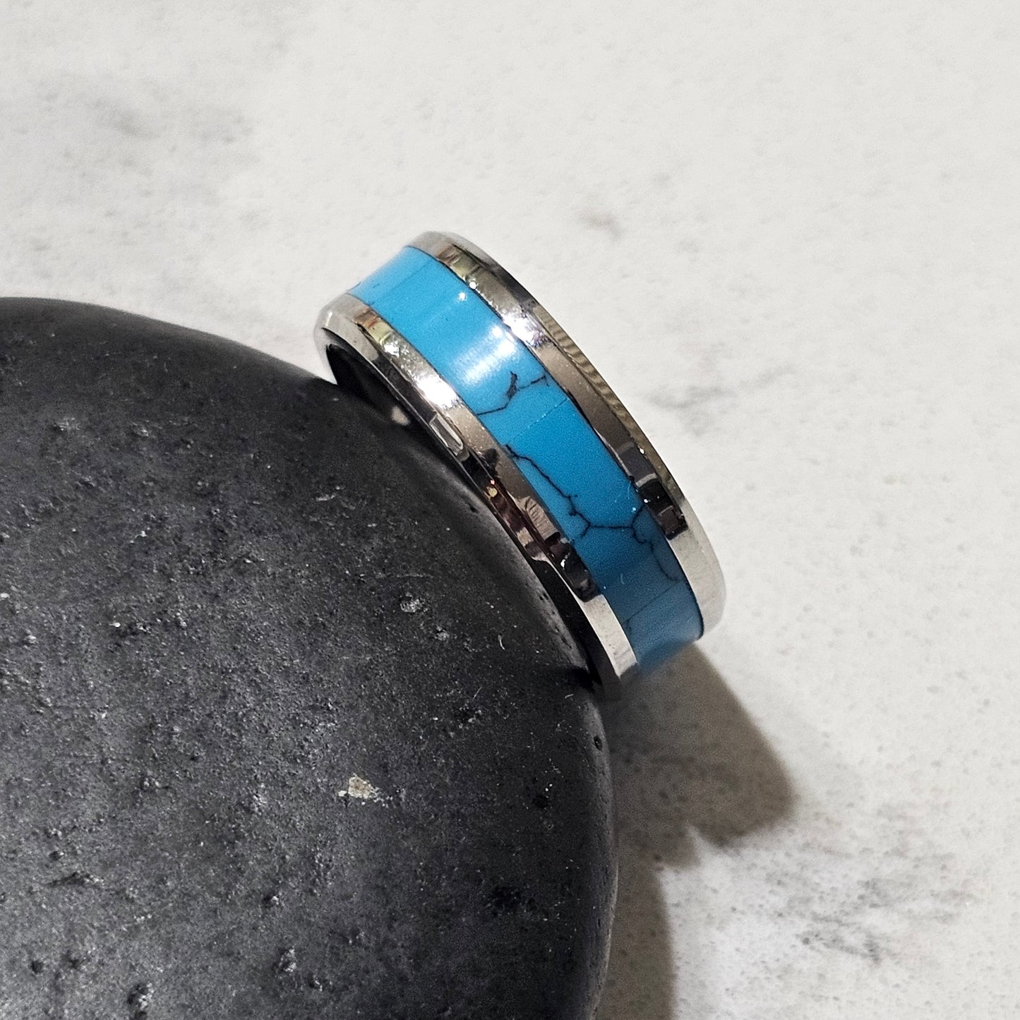 Tungsten & Natural Turquoise Stone Band Ring – Unisex Contemporary Style for Men & Women