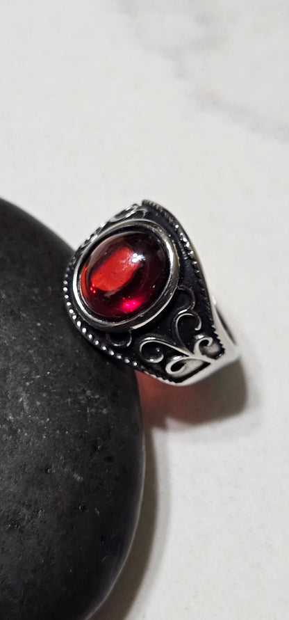 Red Garnet Stainless Steel Ring – Bold Statement Ring with Deep Crimson Stone