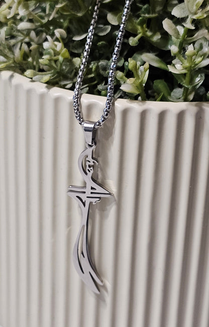 Zulfiqar Sword Calligraphy Necklace – Polished Stainless Steel Imam Ali Pendant