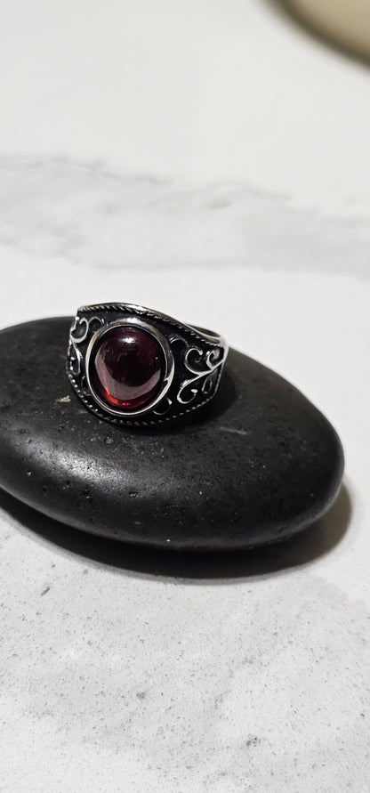 Red Garnet Stainless Steel Ring – Bold Statement Ring with Deep Crimson Stone
