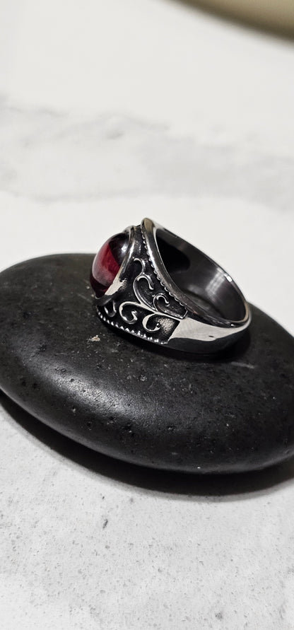 Red Garnet Stainless Steel Ring – Bold Statement Ring with Deep Crimson Stone
